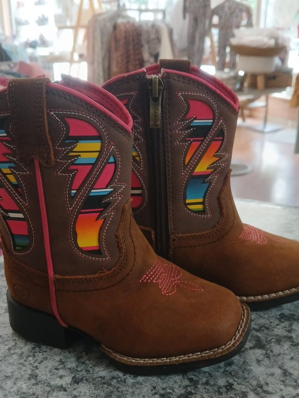 Ariat Girls Brown Western Boots with Colorful Inlay - Kids Sz 7
